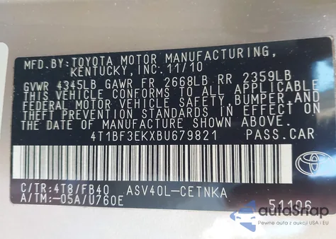 2011 Toyota Camry from USA, damaged, VIN 4T1BF3EKXBU679821